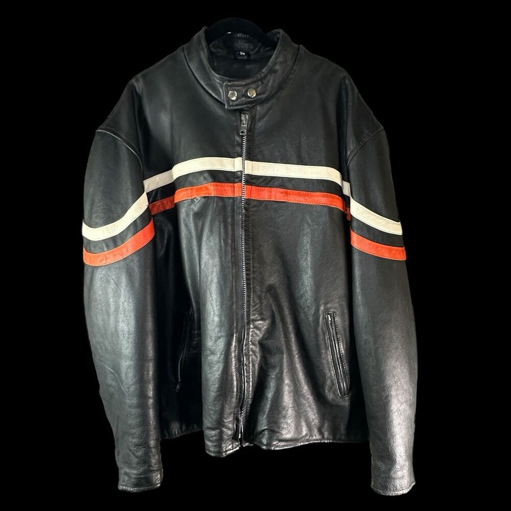 Black BIG & TALL Jamin‎ Leather Jacket Size 56 w/ Zip-out Thermal Liner Striped